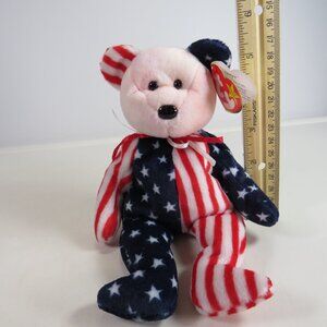 Patriotic Teddy Bear TY Beanie Baby "Sparkle" Plush Red White Blue Flag